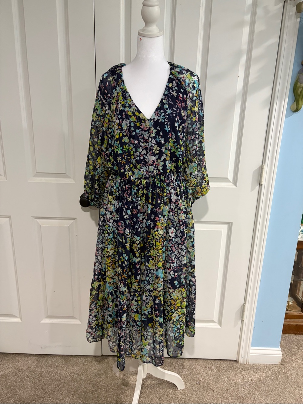 Julian Taylor Navy Floral Midi Dress with Green & Teal Print